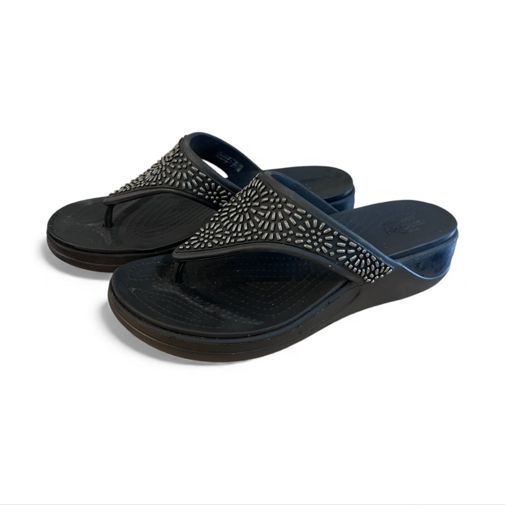 Crocs Monterey Diamante Womens 7 Black Wedge Flip Flop Thong Studded Sandals